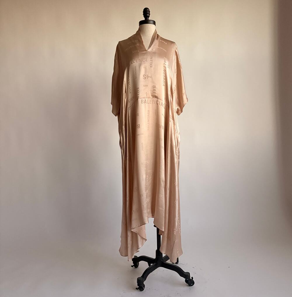 Vintage Balenciaga Champagne Beige Silk Jacquard Logo Midi Dress